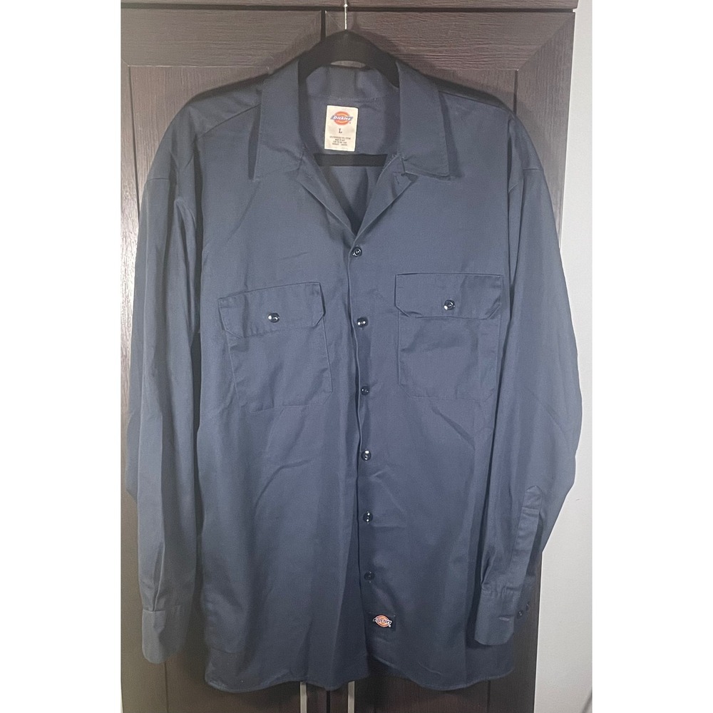 Dickies Mens Long Sleeve Work Shirt Navy Blue Large Button Down L RN20697